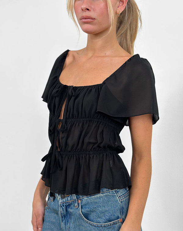 motel rocks Cintan Tie Front Top in Black
