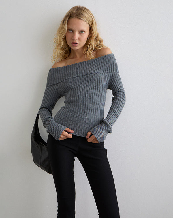 Motel Rocks Circe Knitted Bardot Top In Grey