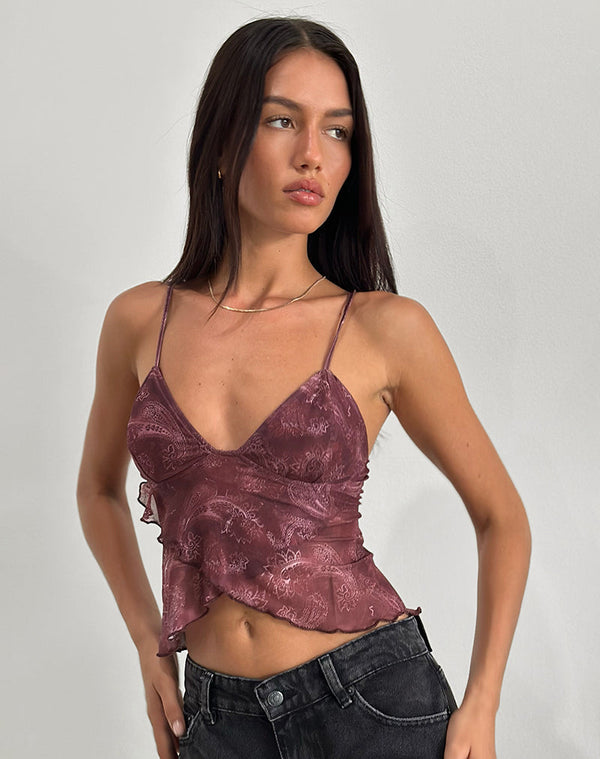 motel rocks Cojira Top in Mesh Tonal Paisley Plum