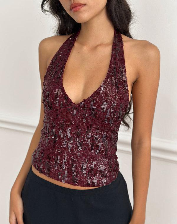 motel rocks Cosio Halter Top in Mix Sequin Red