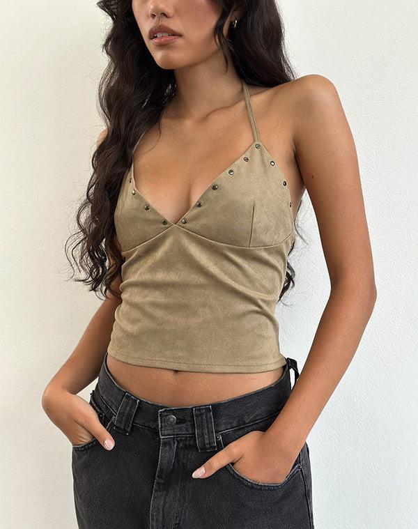 motel rocks Cressa Top in Faux Suede Mushroom Grey
