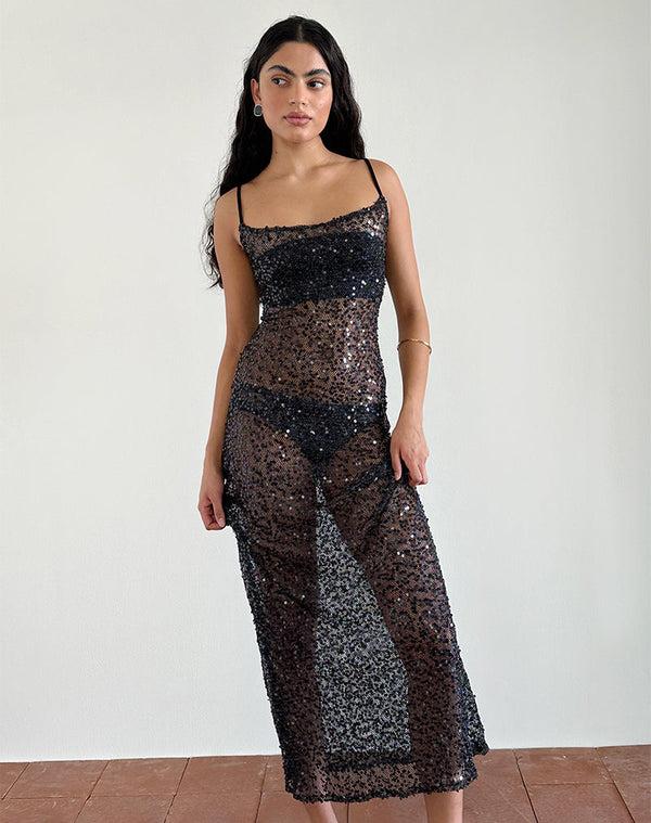 Motel Rocks Darsih Maxi Dress In Sequin Mesh Black