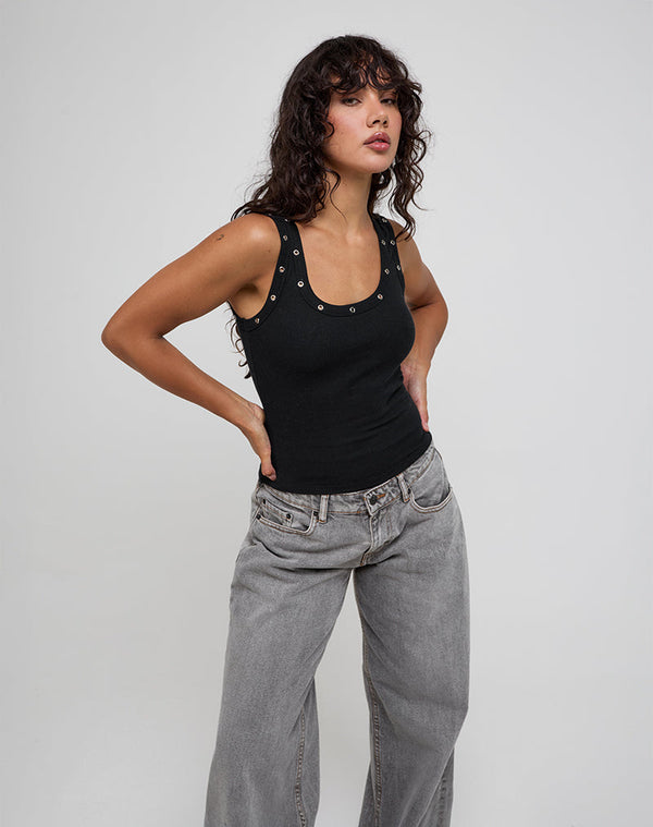 Motel Rocks Dax Eyelet Ribbed Vest Top In Black