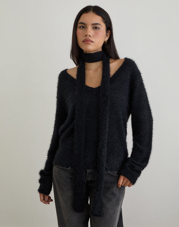 motel rocks Dikara Jumper with Scarf in Knit Black