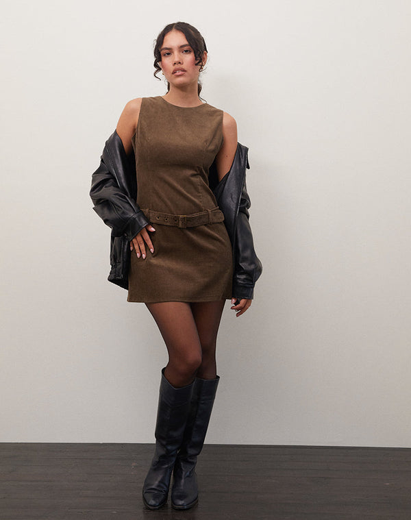 Motel Rocks Dilshan Mini Dress In Babycord Brown