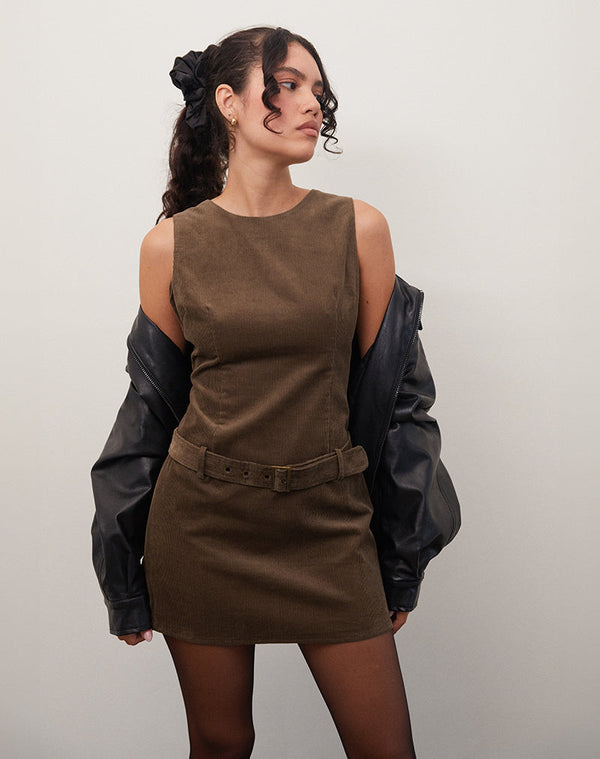 Motel Rocks Dilshan Mini Dress In Babycord Brown