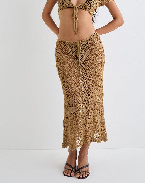 Motel Rocks Diora Tie Front Skirt In Crochet Camel