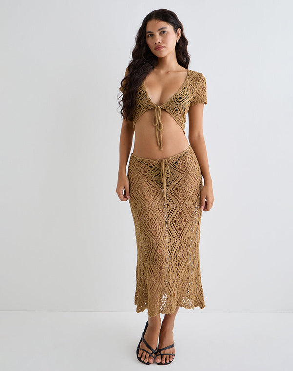 Motel Rocks Diora Tie Front Skirt In Crochet Camel