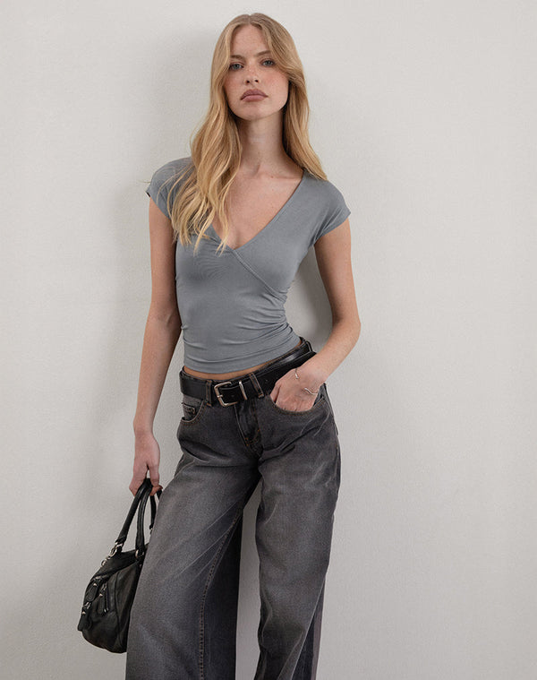 Motel Rocks Dolores Wrap Top In Rayon Jersey Grey