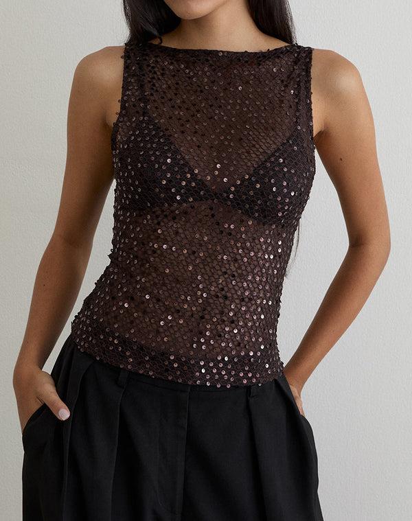 Motel Rocks Dudley Vest Top In Sequin Knit Coffee