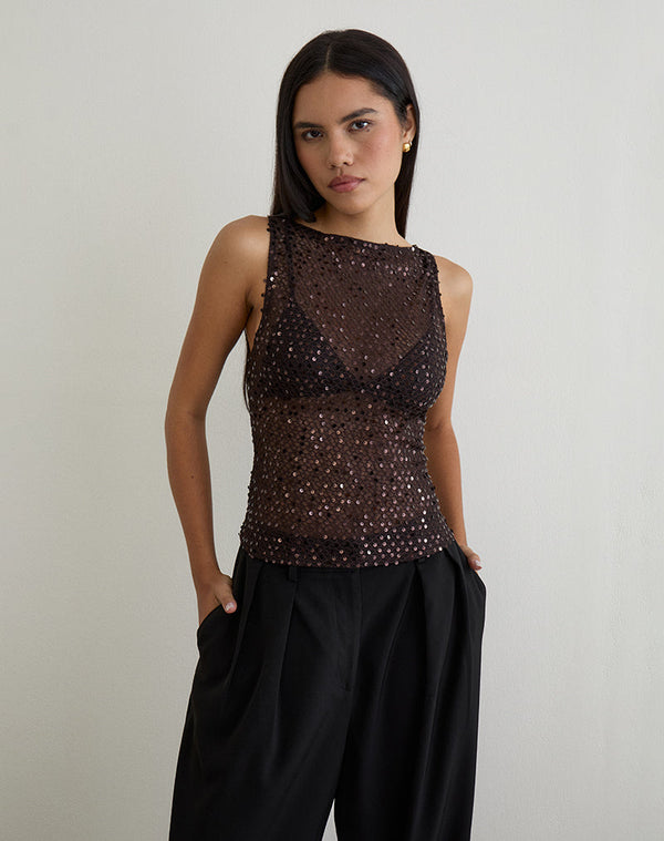 motel rocks Dudley Vest Top in Sequin Knit Coffee