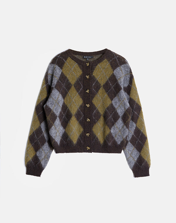 Motel Rocks Eliana Cardigan In Knit Argyle Brown