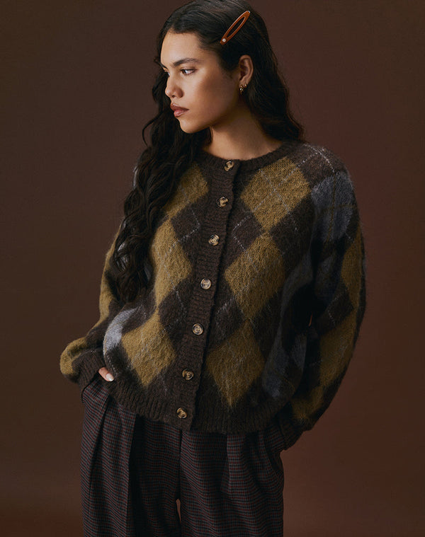 motel rocks Eliana Cardigan in Knit Argyle Brown