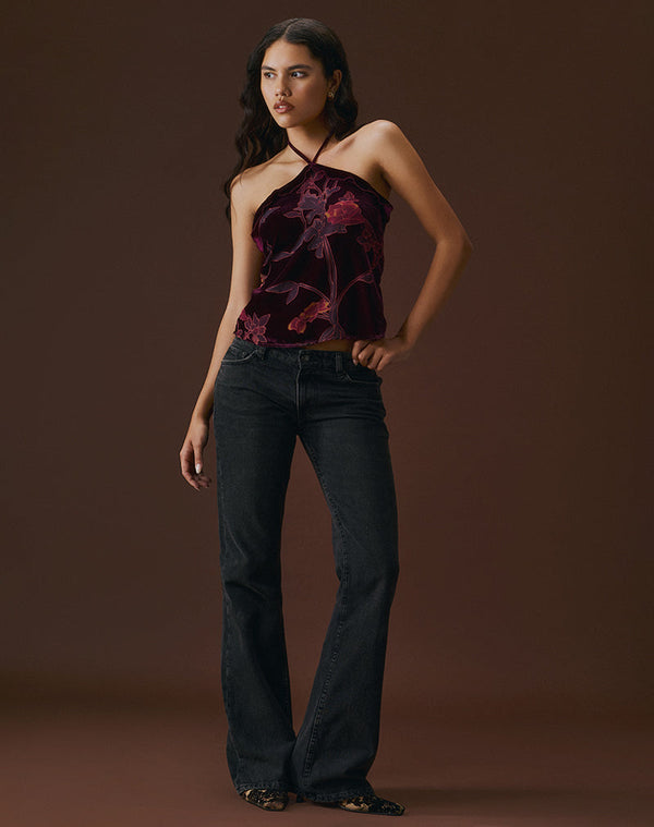 Motel Rocks Fiorella Top In Floral Devore Burgundy