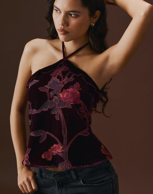 motel rocks Fiorella Top in Floral Devore Burgundy