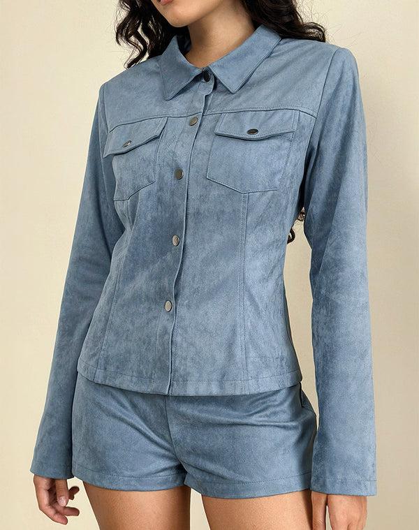 motel rocks Fyodora Jacket in Suede Dusty Blue