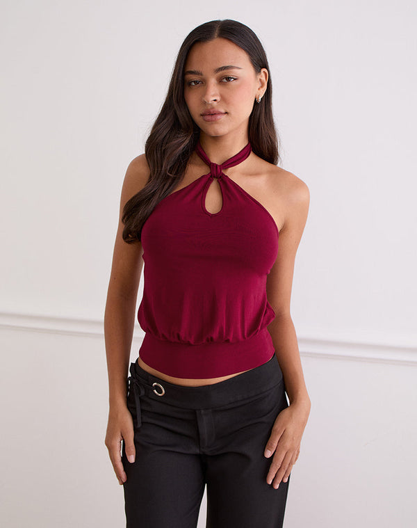 motel rocks Giunea Knot Halter Top in Burgundy