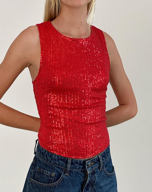Motel Rocks Hala Vest Top In Red Drape Mini Sequin
