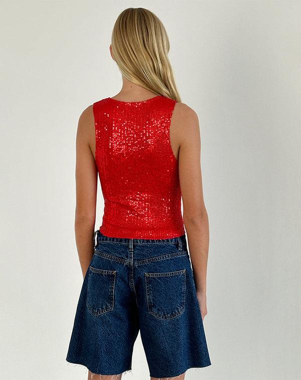 Motel Rocks Hala Vest Top In Red Drape Mini Sequin