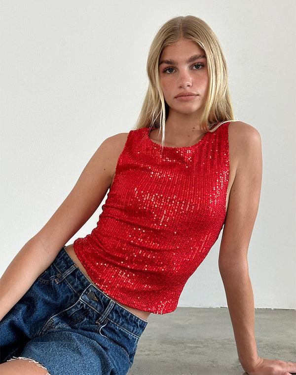 motel rocks Hala Vest Top in Red Drape Mini Sequin