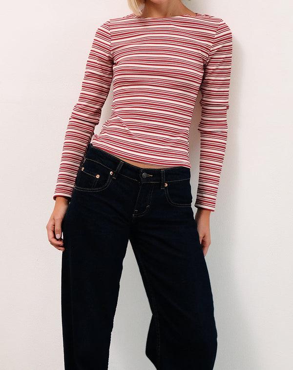 motel rocks Haruka Top in Stripe Red and White