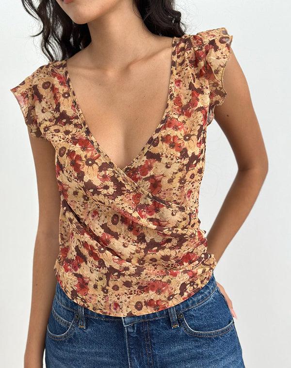 Motel Rocks Heidi Wrap Top In Chiffon Rusty Flower