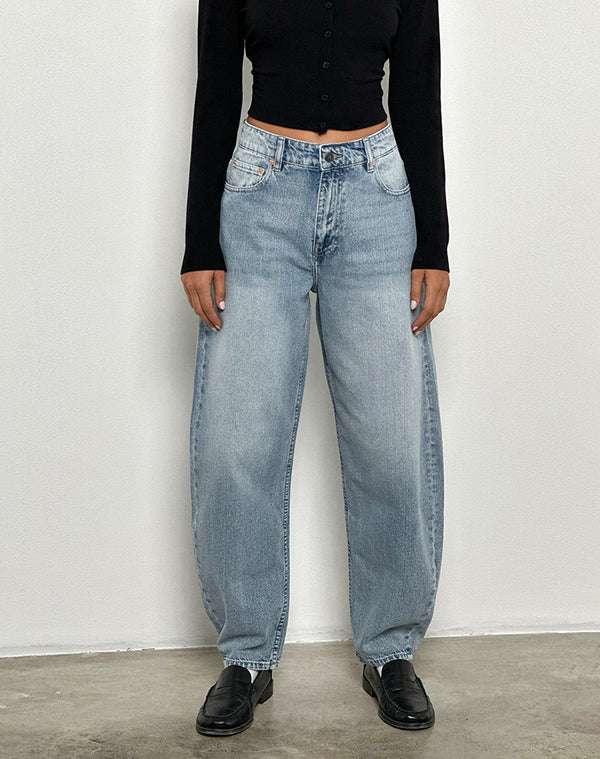 motel rocks High Rise Barrel Jean in Bleu