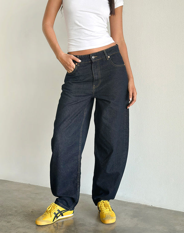 motel rocks High Rise Barrel Jean in Indigo