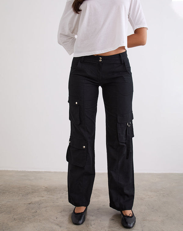 Motel Rocks Hojo Linen Cargo Pants In Black