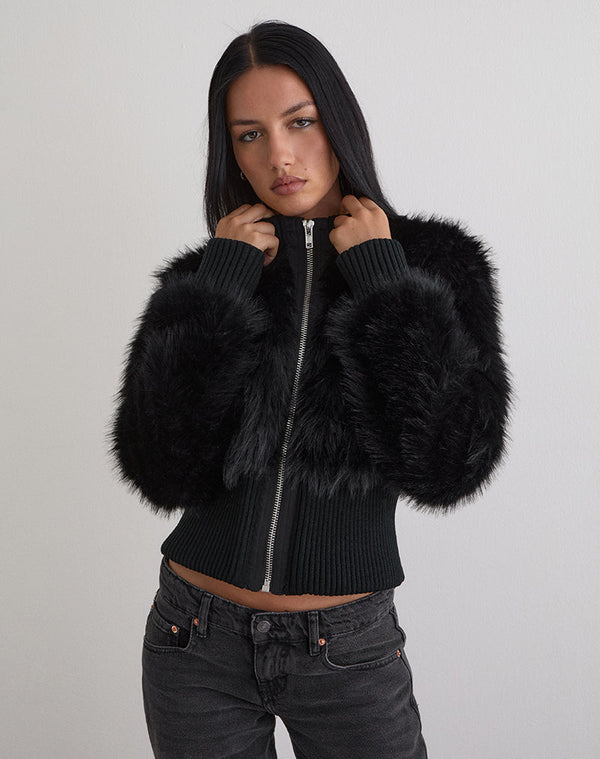 motel rocks Homari Shaggy Faux Fur Jacket in Black