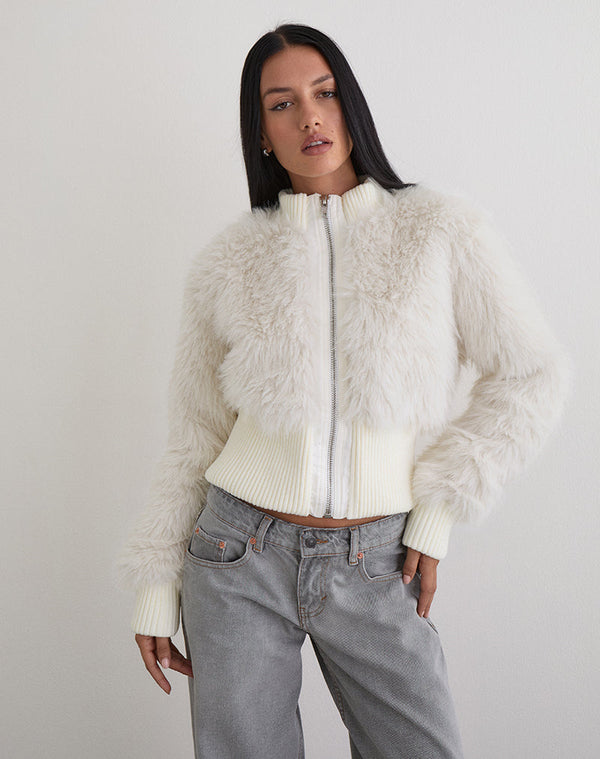 motel rocks Homari Shaggy Faux Fur Jacket in Cream