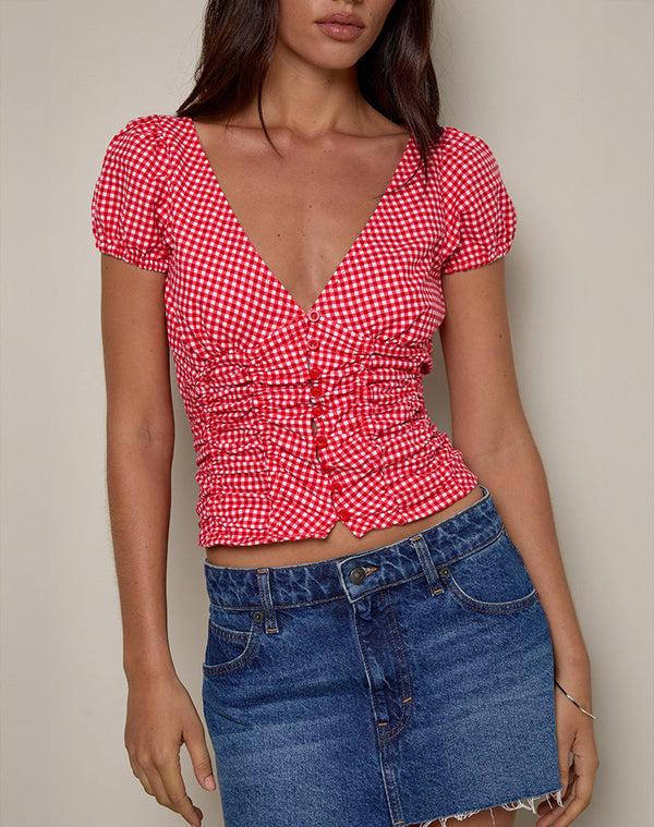Motel Rocks Ilase Ruched Blouse In Red Gingham