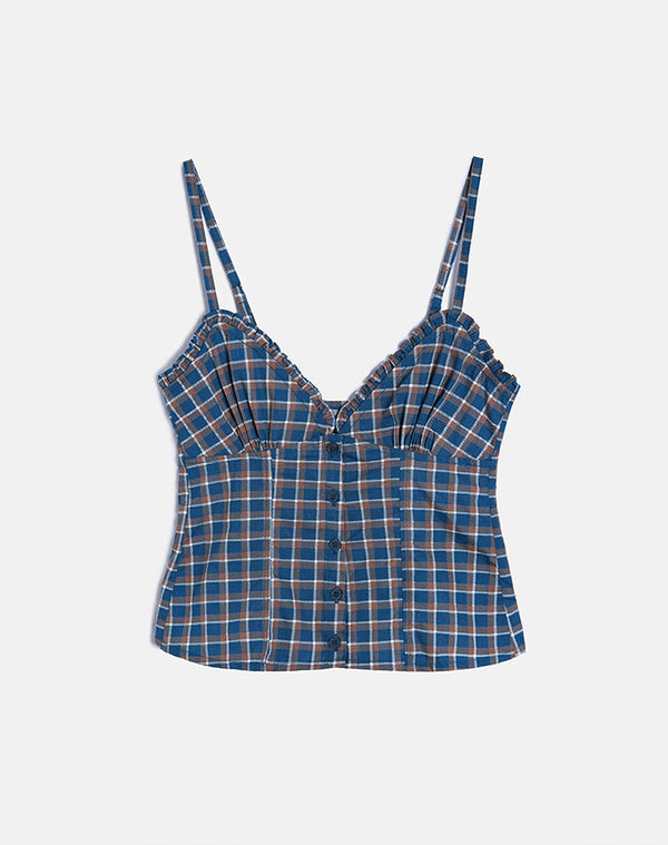 Motel Rocks Isamu Top In Medium Tartan Blue