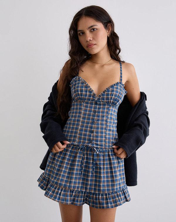 motel rocks Isamu Top in Medium Tartan Blue