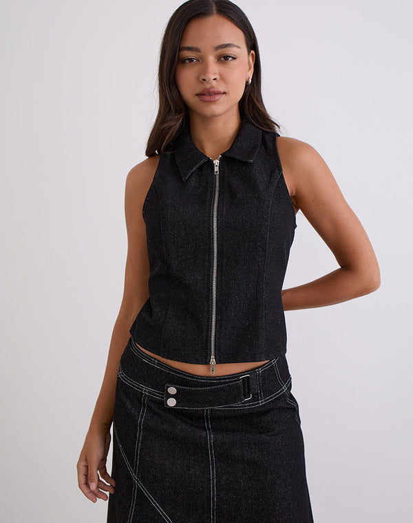 motel rocks Janae Vest in Denim Black Wash
