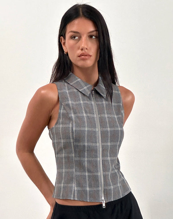 motel rocks Janae Zip Vest Top in Grey Check