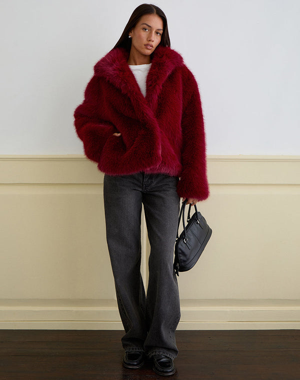 Motel Rocks Joji Jacket In Faux Fur Cherry