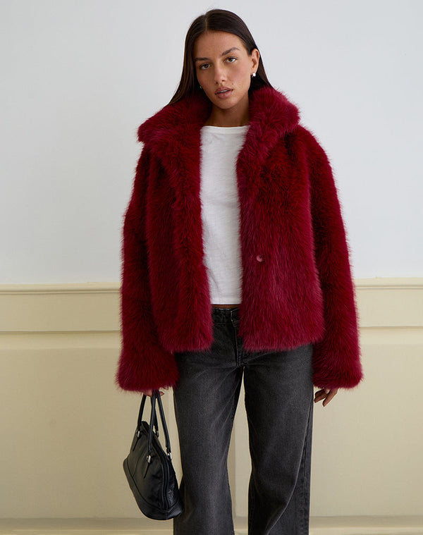 Motel Rocks Joji Jacket In Faux Fur Cherry