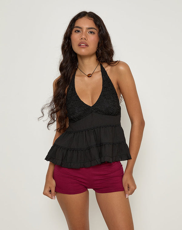 motel rocks Juanita Frill Halter Neck Top in Black