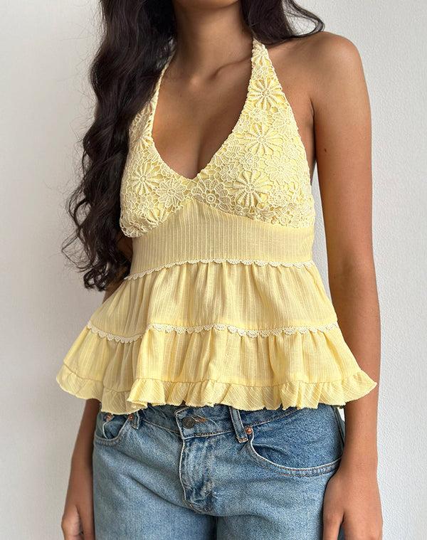 motel rocks Juanita Frill Halterneck Top in Yellow