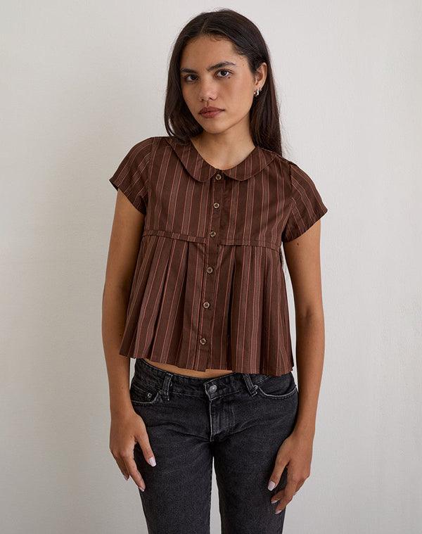 motel rocks Kaelis Pleated Blouse in Stripe Brown