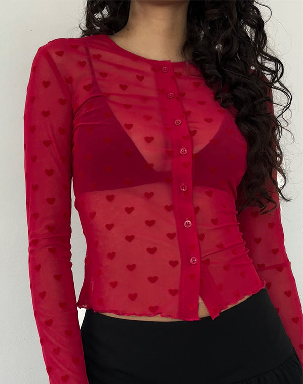 Motel Rocks Kahula Shirt In Red Heart Flocked Mesh