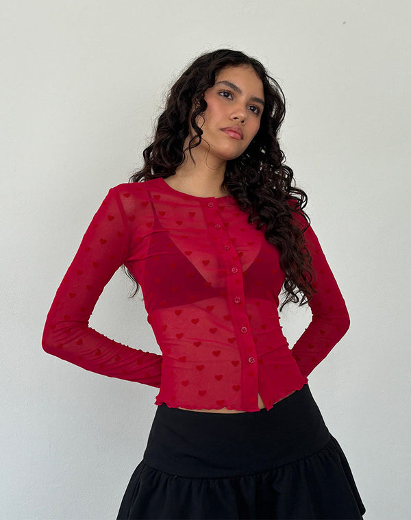motel rocks Kahula Shirt in Red Heart Flocked Mesh