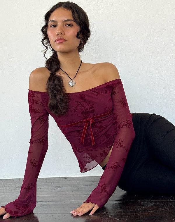 Motel Rocks Kareena Top In Botanical Flower Maroon