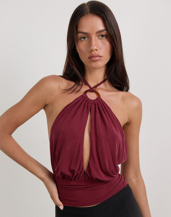 Motel Rocks Karise Plunge Top In Cupro Dark Red