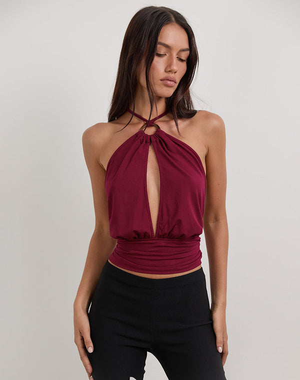 motel rocks Karise Plunge Top in Rayon Burgundy