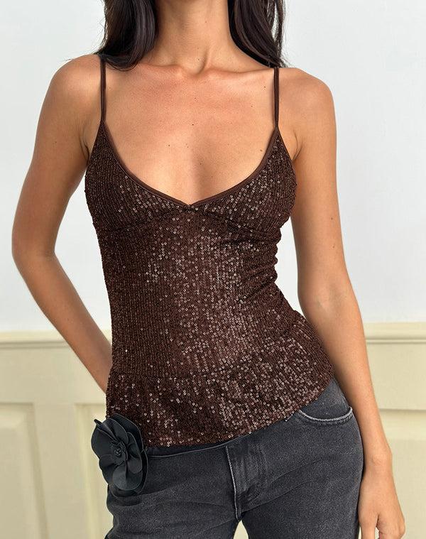 motel rocks Karka Cami Top in Drape Sequin Brown
