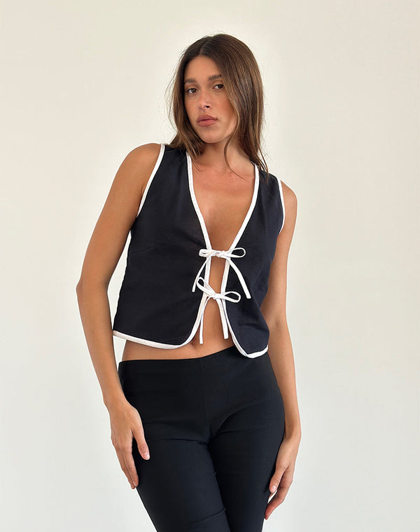 motel rocks Kayna Top in Black with White Binding