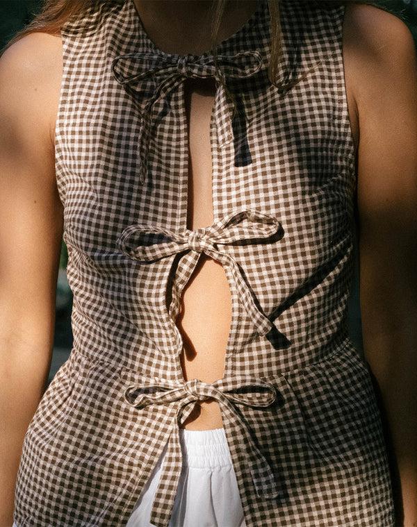 Motel Rocks Kayvata Top In Mini Gingham Brown