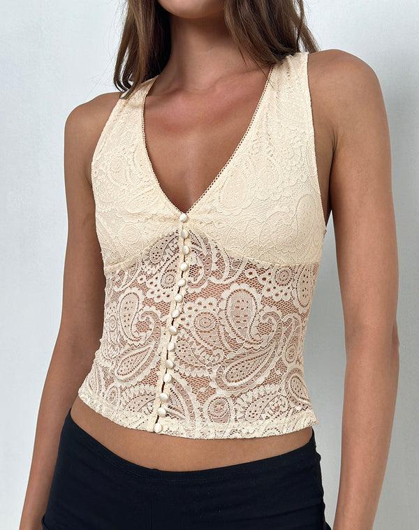 Motel Rocks Kefira Plunge Neck Top In Lace Cream